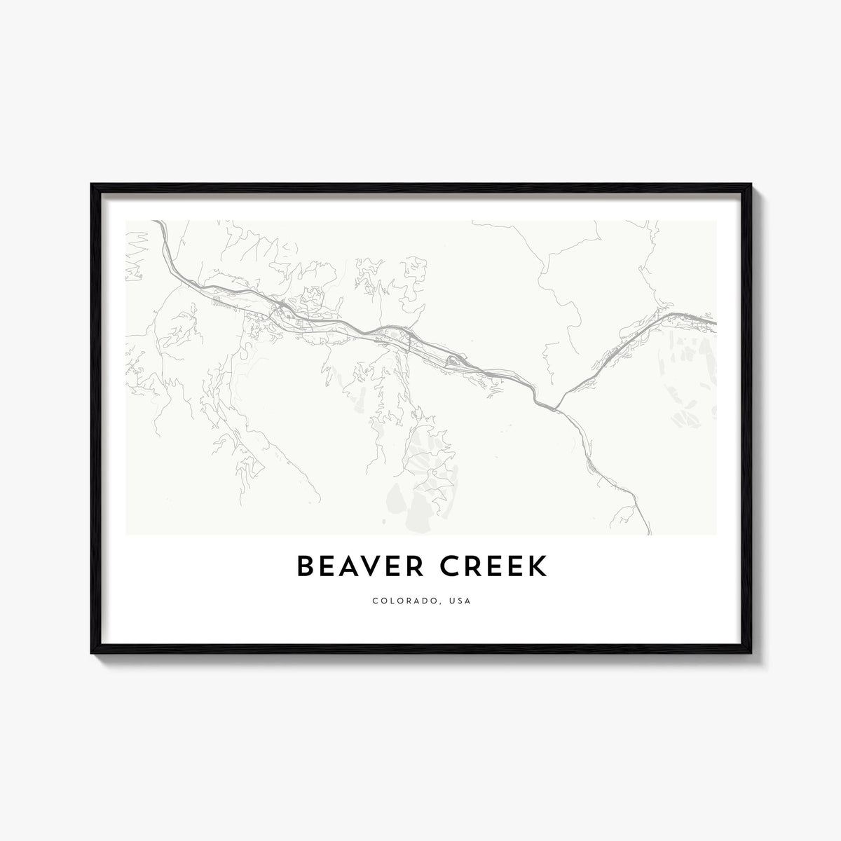 Beaver Creek black & white map poster of Colorado, USA – horizontal wall art, unframed print shown in interior mockup