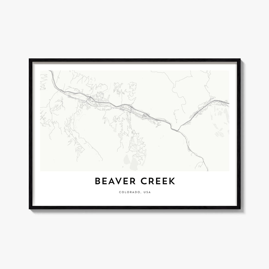 Beaver Creek black & white map poster of Colorado, USA – horizontal wall art, unframed print shown in interior mockup