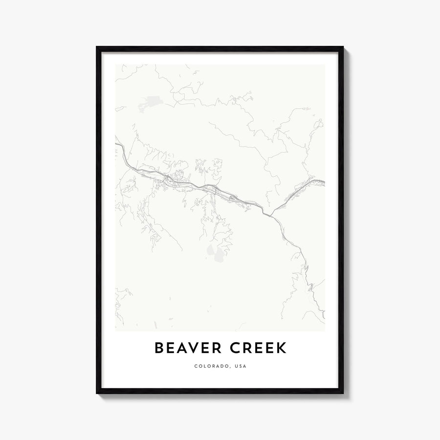 Beaver Creek black & white map poster of Colorado, USA – vertical wall art, unframed print shown in interior mockup