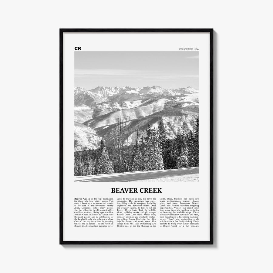 Beaver Creek black & white newspaper poster of Colorado, USA – vertical wall art, unframed print shown in interior mockup