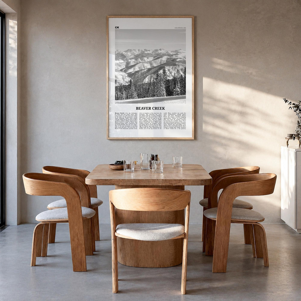 Beaver Creek black & white newspaper poster of Colorado, USA – vertical wall art in natural wood frame, hanging on wall