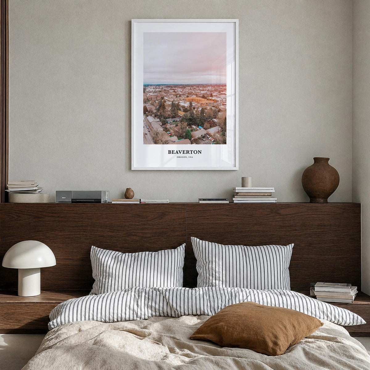 Beaverton colorful classic poster of Oregon, USA – vertical wall art in white wood frame, hanging on wall