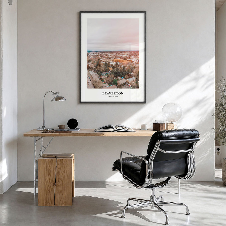 Beaverton Classic Poster in a black wood frame, hanging in a bright home office