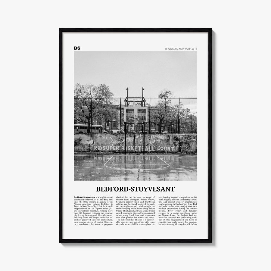 Bedford-Stuyvesant black & white newspaper poster of Brooklyn, New York City – vertical wall art, unframed print shown in int