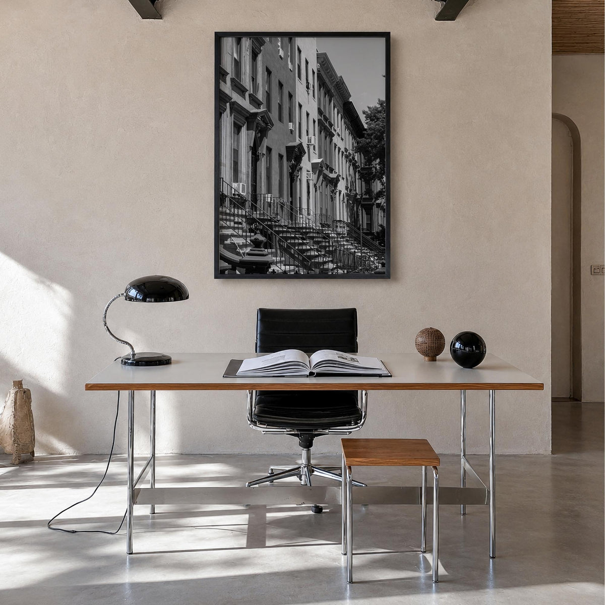 Bedford-Stuyvesant black & white photo poster of Brooklyn, New York City – vertical wall art in black wood frame, hanging on 