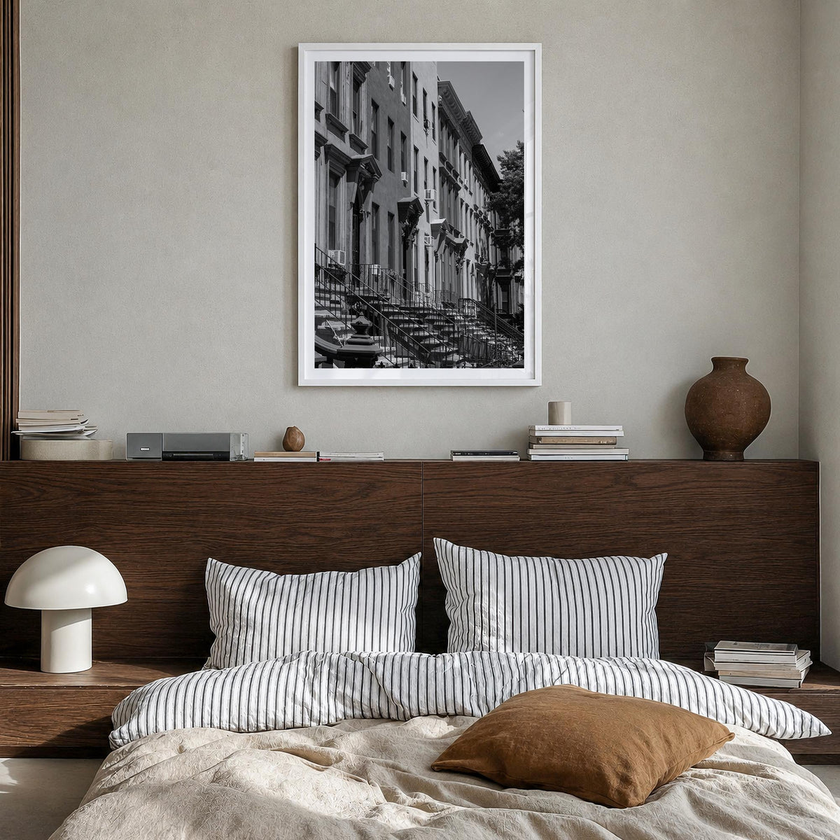 Bedford-Stuyvesant black & white photo poster of Brooklyn, New York City – vertical wall art in white wood frame with white b