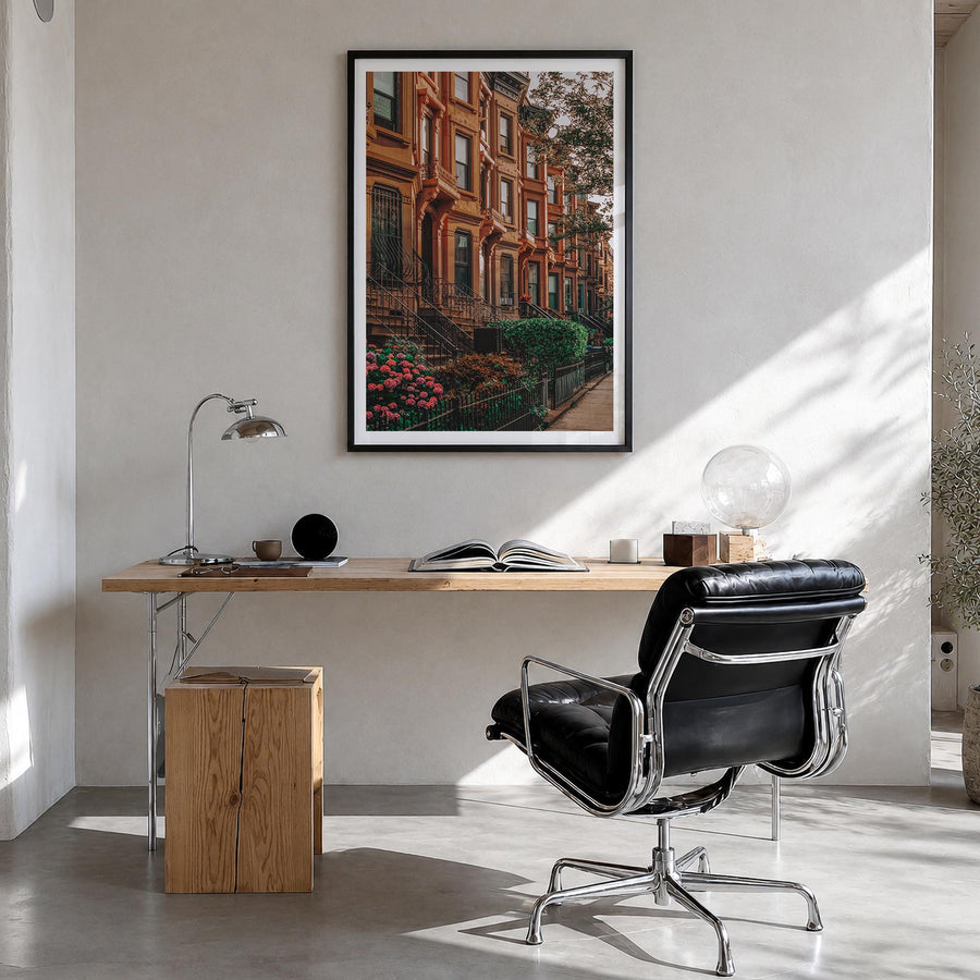 Bedford-Stuyvesant colorful photo poster of Brooklyn, New York City – vertical wall art in black wood frame with white border