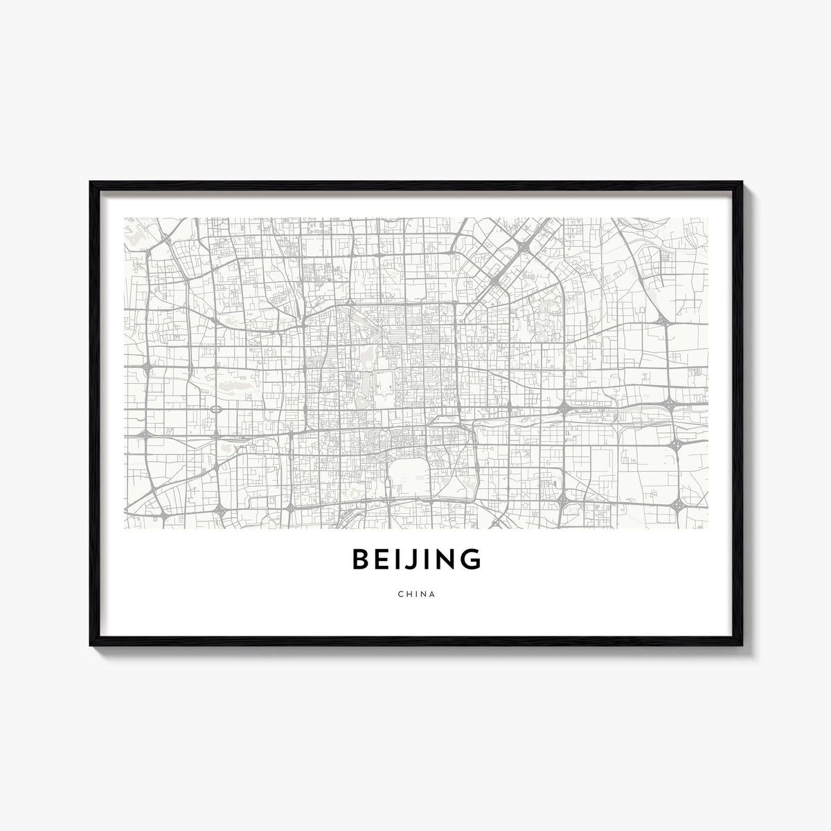 Beijing black & white map poster of China – horizontal wall art, unframed print shown in interior mockup