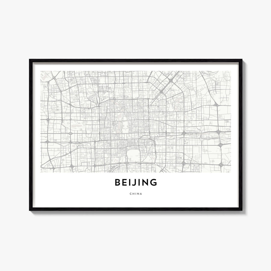 Beijing black & white map poster of China – horizontal wall art, unframed print shown in interior mockup
