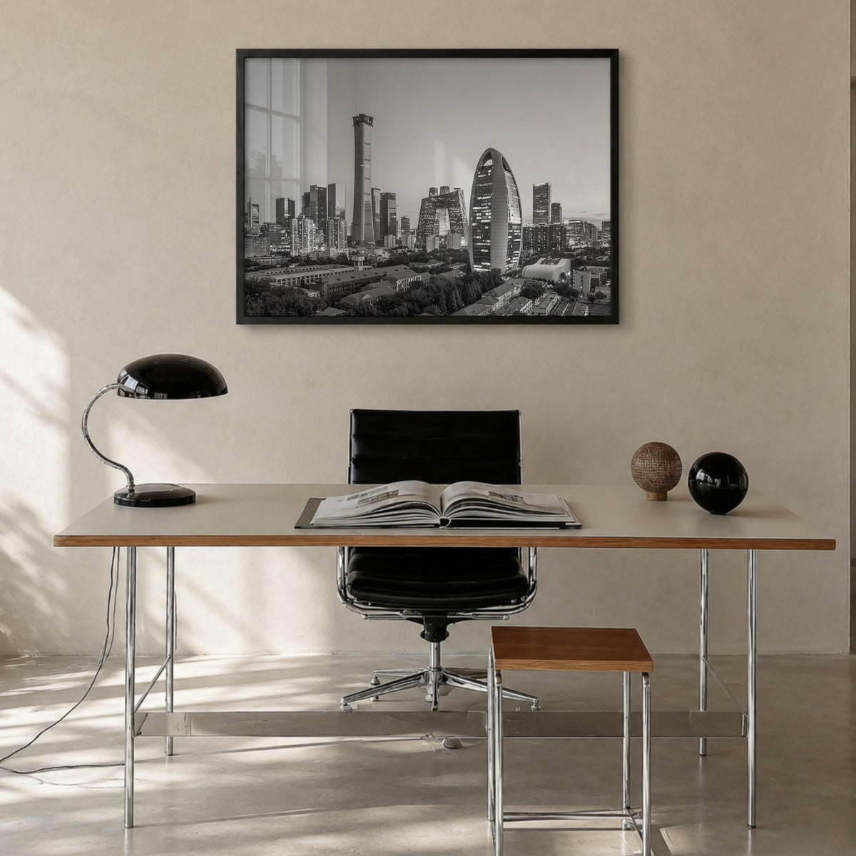 Beijing black & white photo poster of China – horizontal wall art in black wood frame, hanging on wall