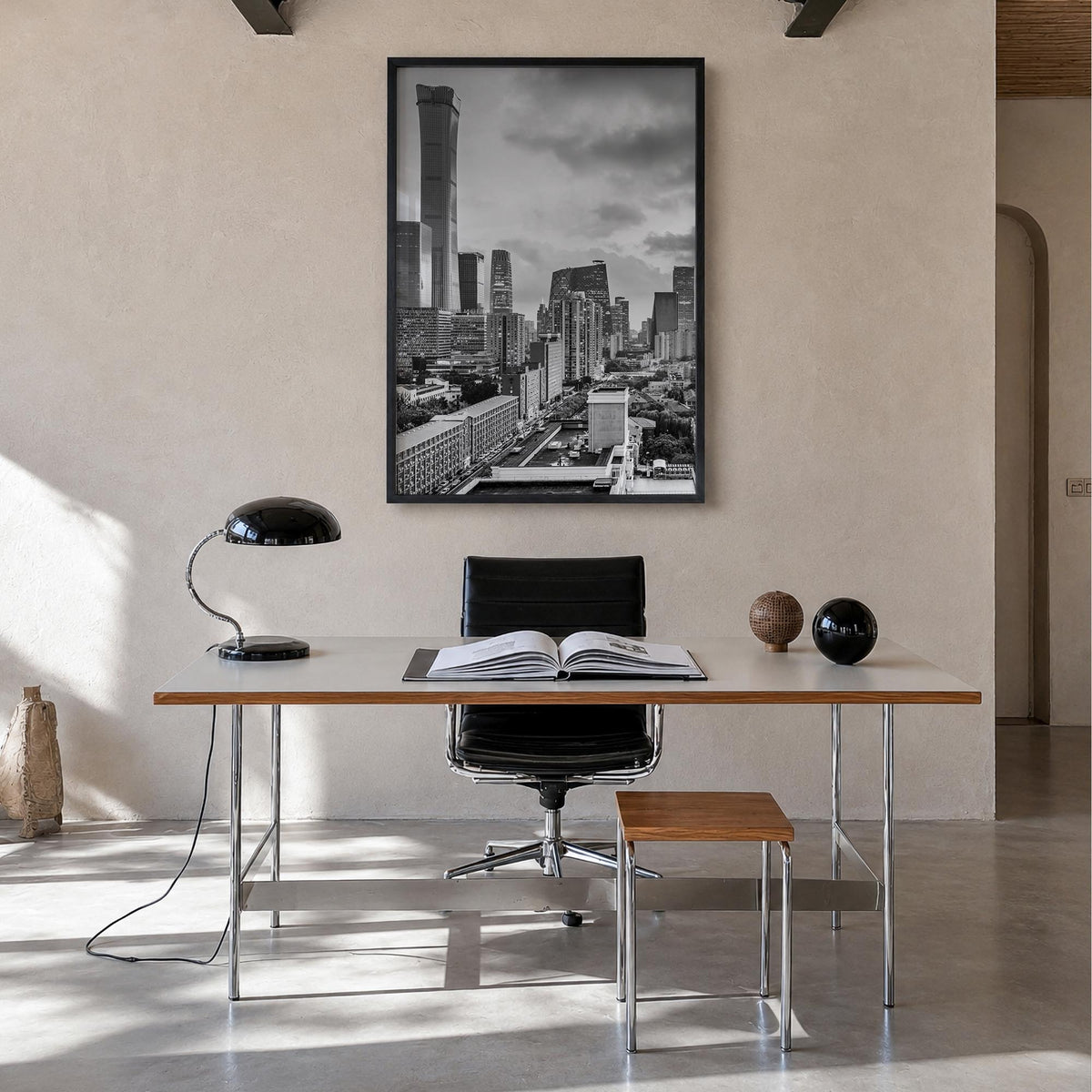 Beijing black & white photo poster of China – vertical wall art in black wood frame, hanging on wall