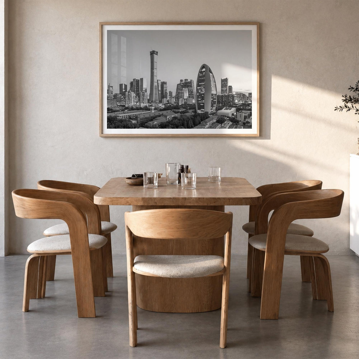 Beijing black & white photo poster of China – horizontal wall art in natural wood frame with white border, hanging on wall
