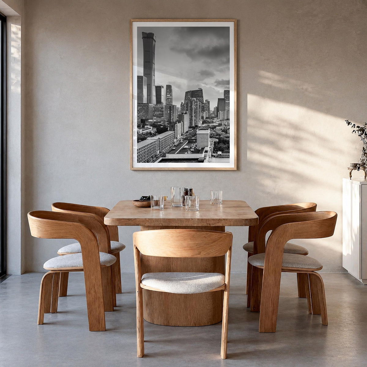 Beijing black & white photo poster of China – vertical wall art in natural wood frame with white border, hanging on wall
