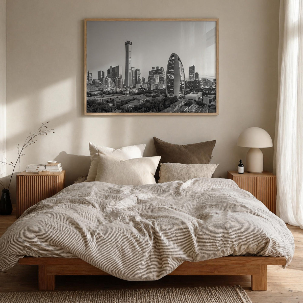 Beijing black & white photo poster of China – horizontal wall art in natural wood frame, hanging on wall