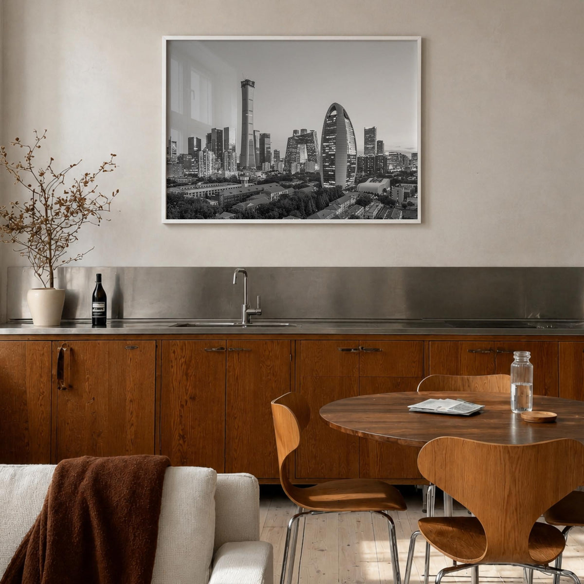 Beijing black & white photo poster of China – horizontal wall art in white wood frame, hanging on wall
