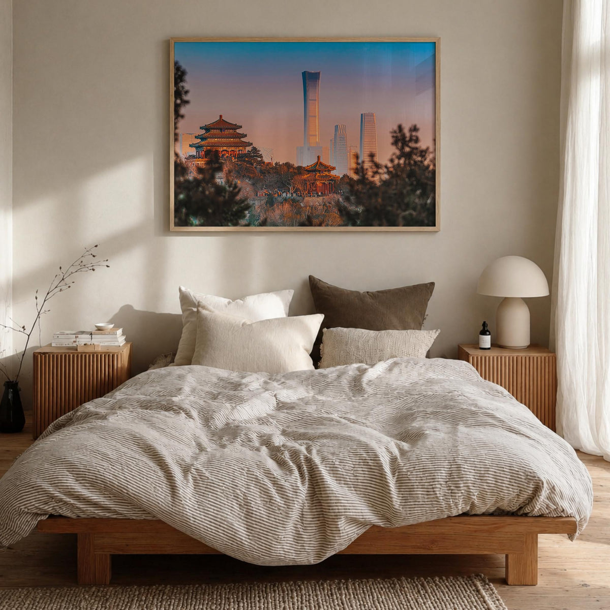 Beijing colorful photo poster of China – horizontal wall art in natural wood frame, hanging on wall