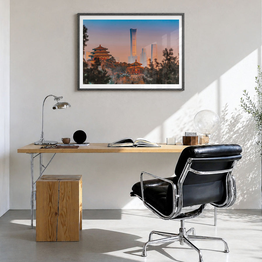 Beijing Photo Poster in a black wood frame, hanging in a bright home office, white border