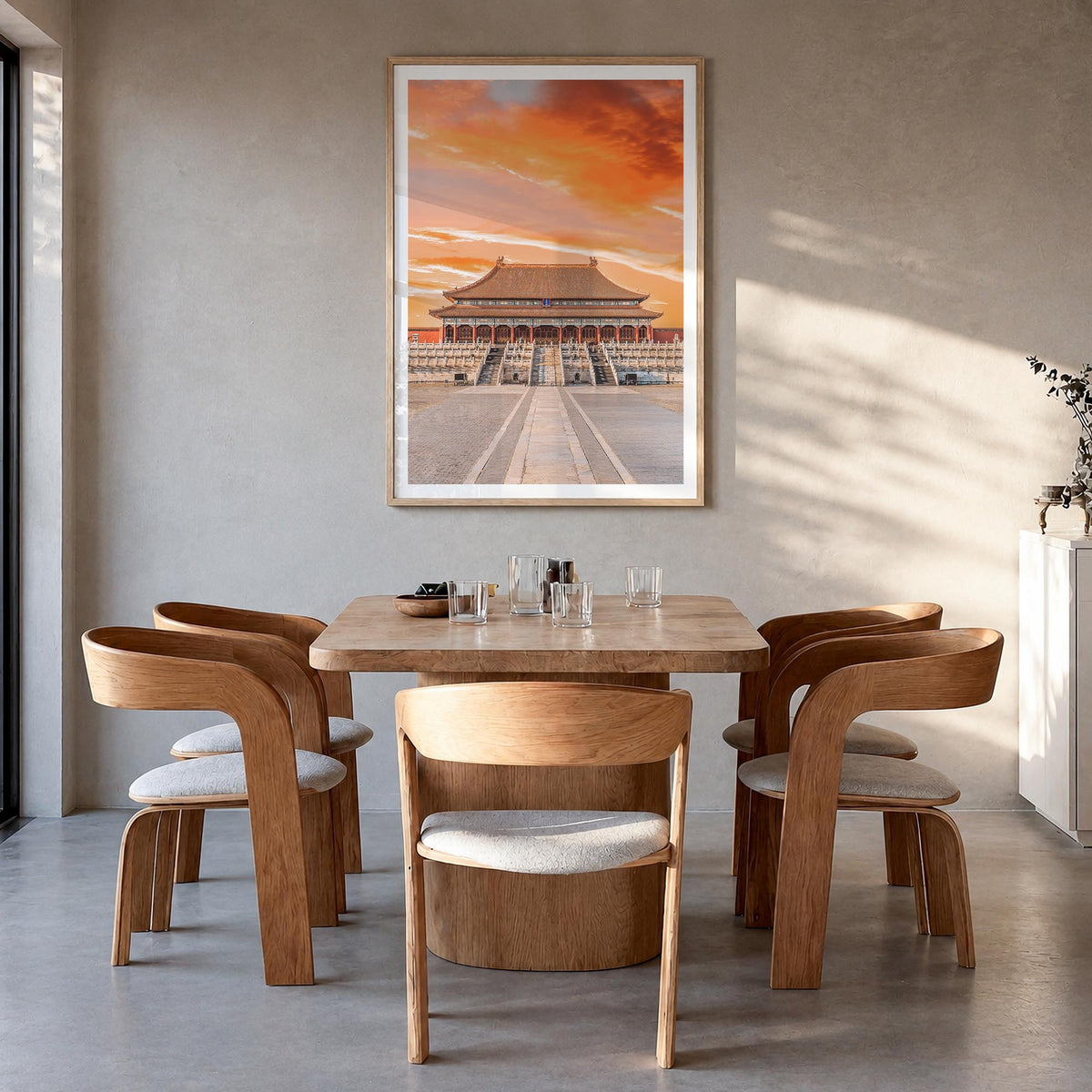 Beijing no. 2 colorful photo poster of China – vertical wall art in natural wood frame with white border, hanging on wall