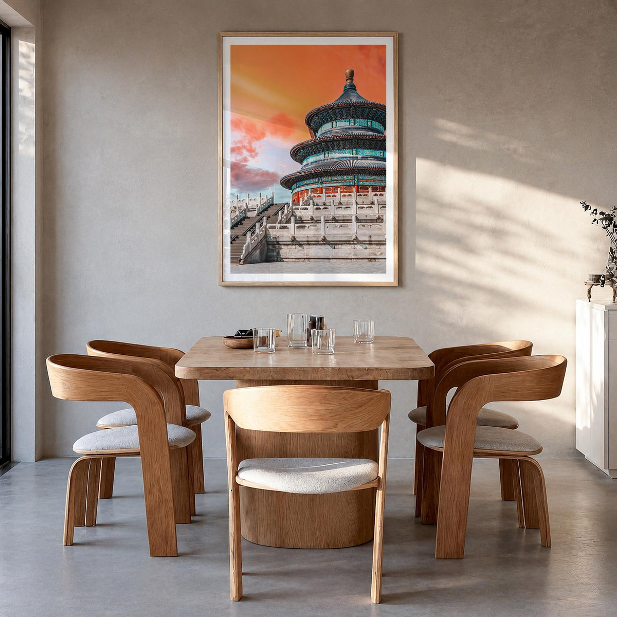 Beijing no. 3 colorful photo poster of China – vertical wall art in natural wood frame with white border, hanging on wall