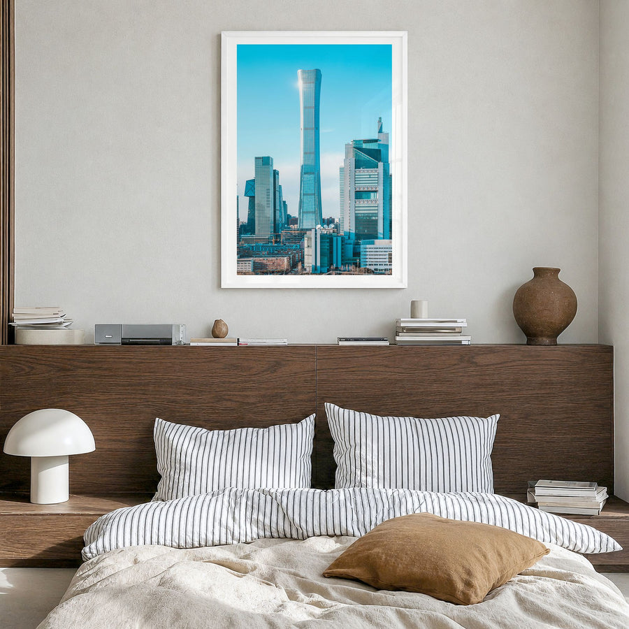 Beijing Photo No 1 Poster in a white wood frame, hanging in a bedroom, white border