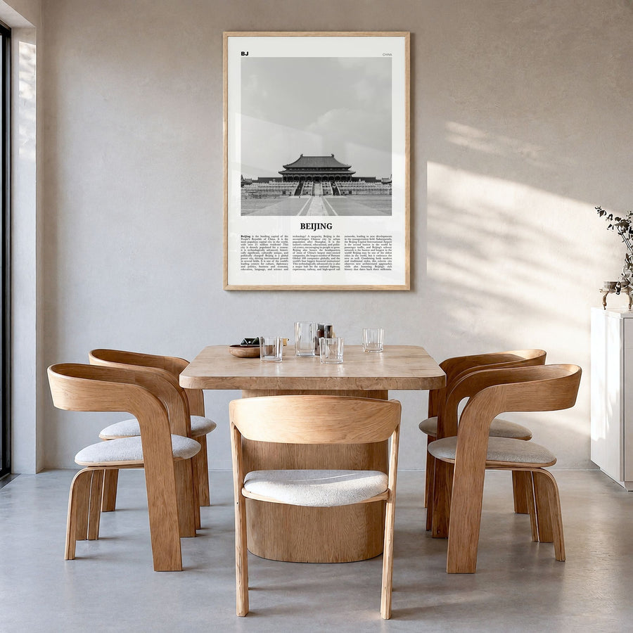 Beijing Newspaper No 1 Poster in a natural wood frame, hanging in a dining room