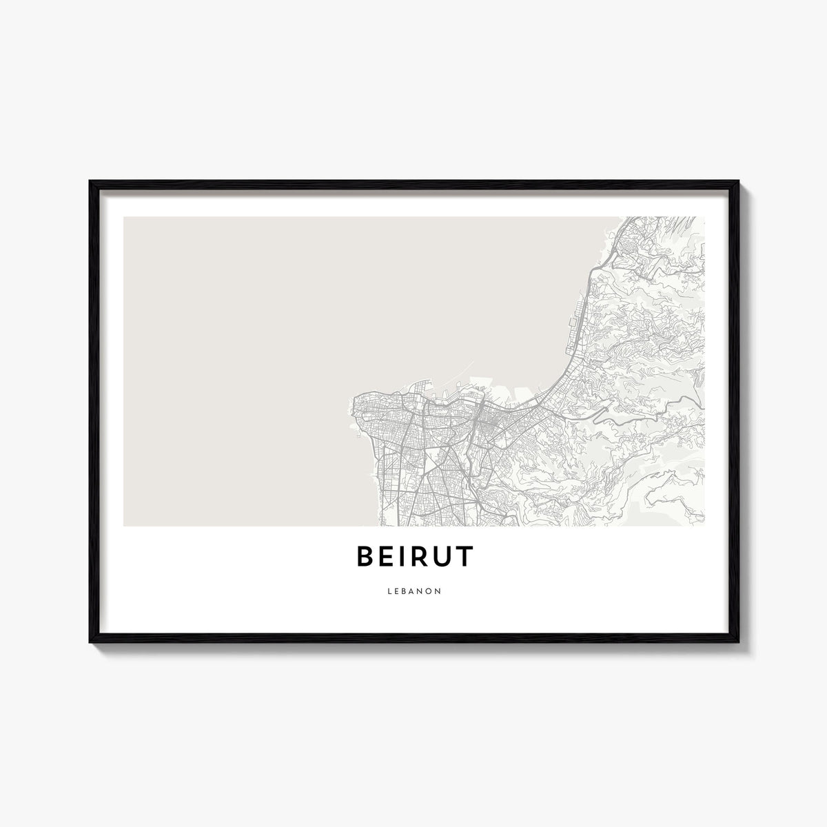 Beirut black & white map poster of Lebanon – horizontal wall art, unframed print shown in interior mockup
