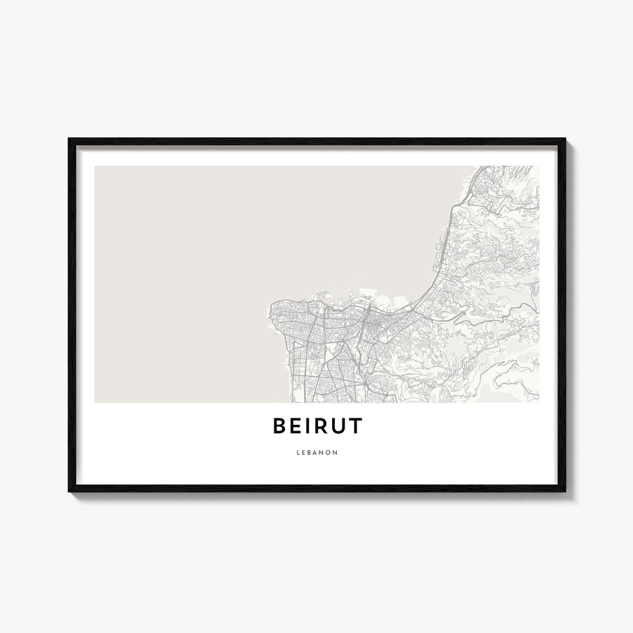 Beirut black & white map poster of Lebanon – horizontal wall art, unframed print shown in interior mockup