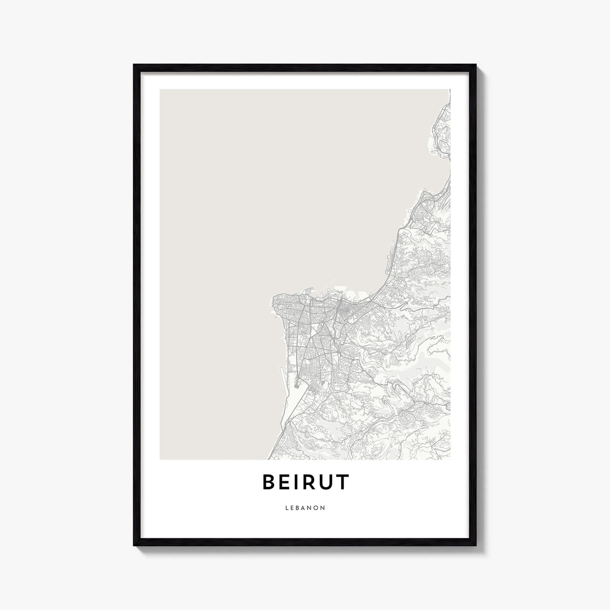 Beirut black & white map poster of Lebanon – vertical wall art, unframed print shown in interior mockup