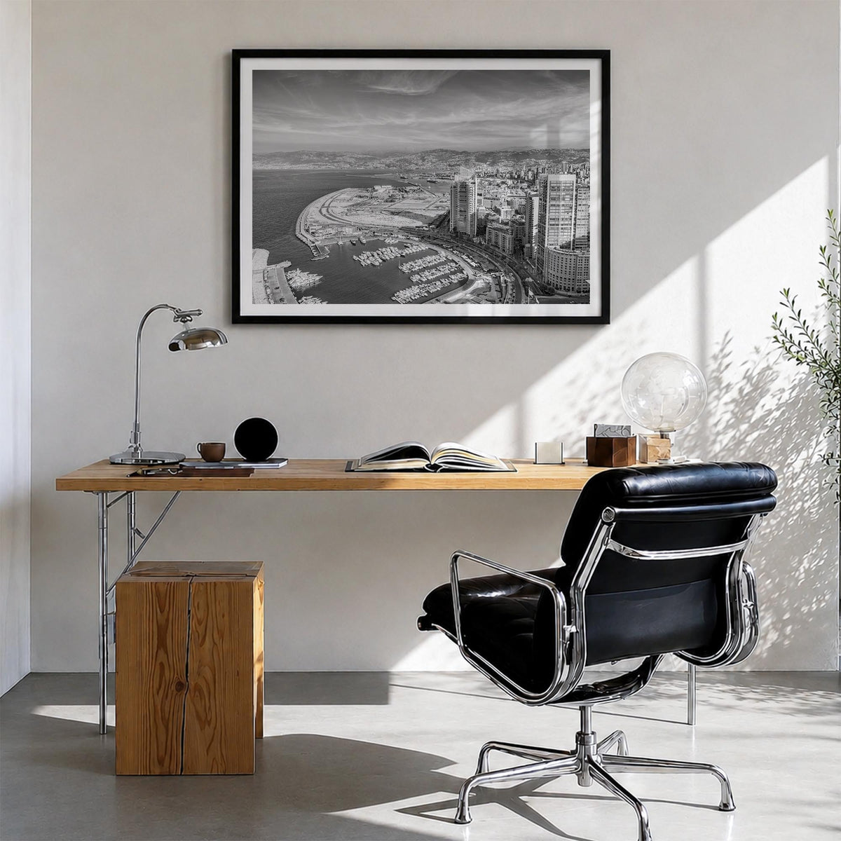 Beirut black & white photo poster of Lebanon – horizontal wall art in black wood frame with white border, hanging on wall