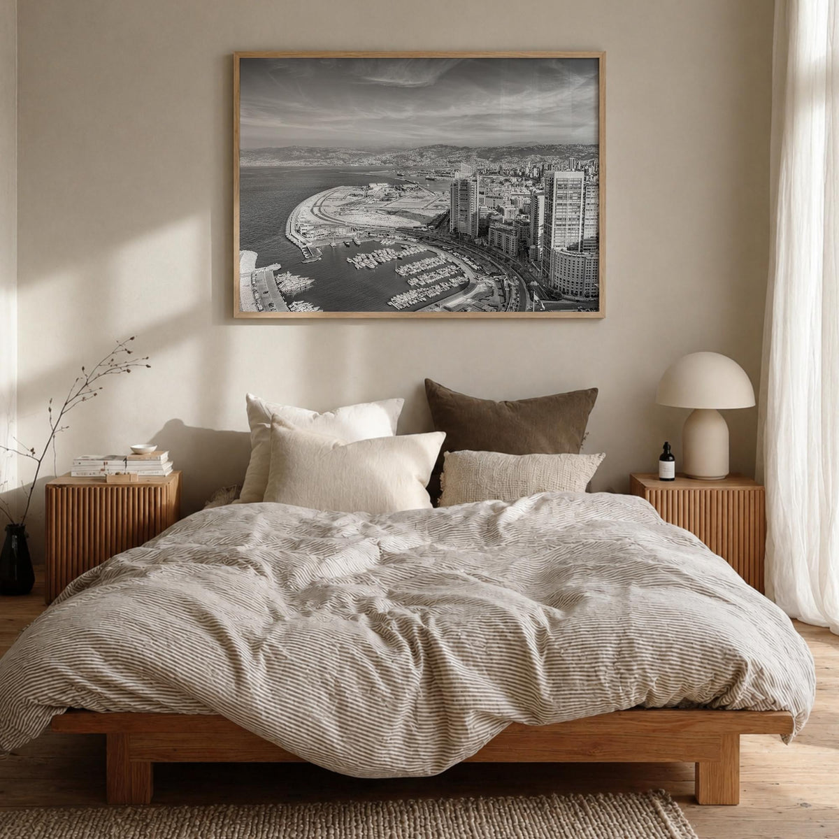 Beirut black & white photo poster of Lebanon – horizontal wall art in natural wood frame, hanging on wall