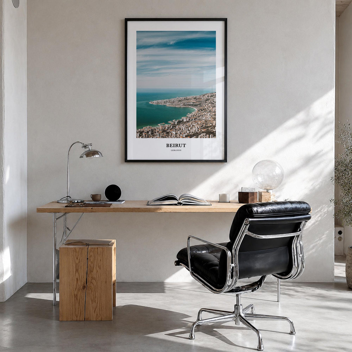 Beirut colorful classic poster of Lebanon – vertical wall art in black wood frame, hanging on wall