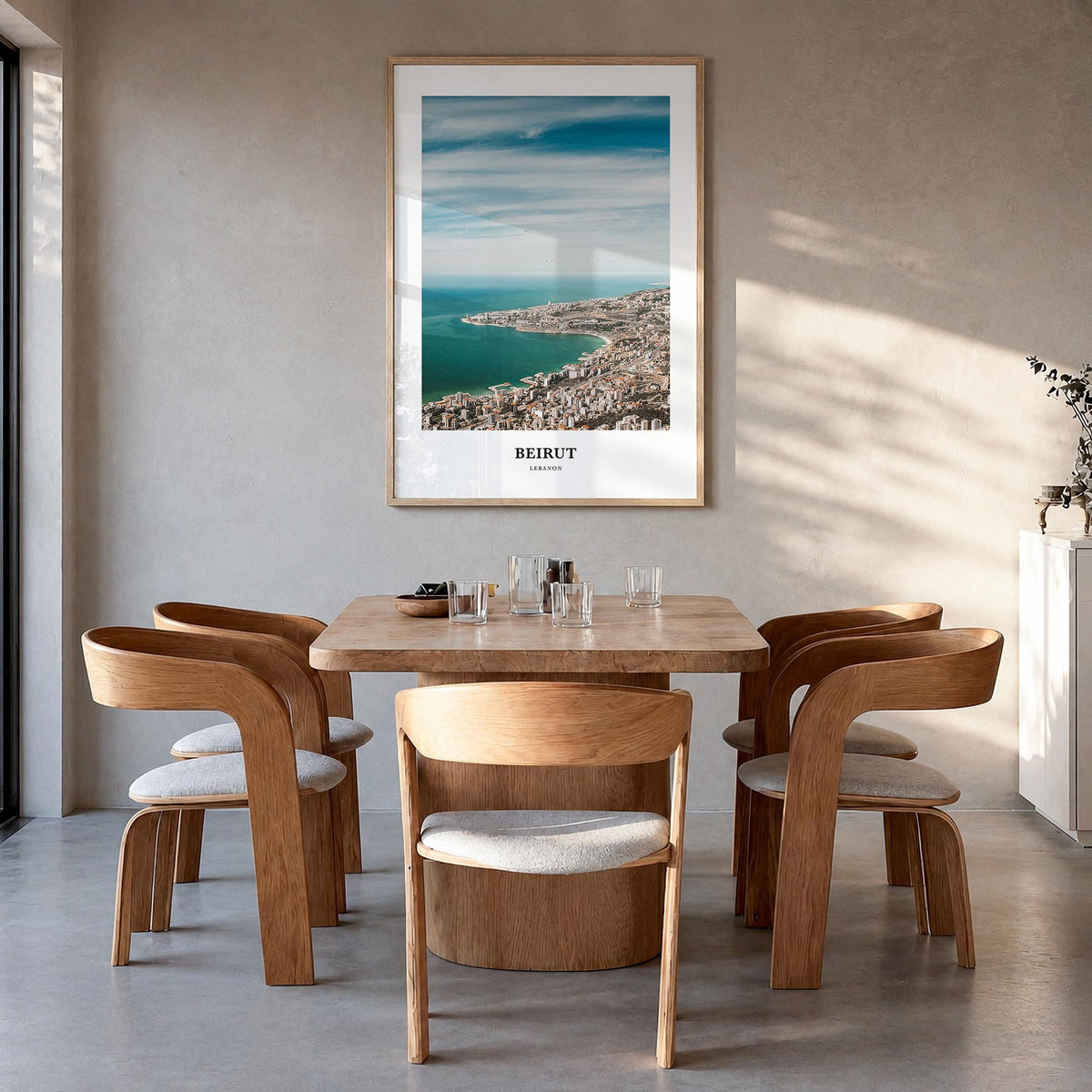 Beirut colorful classic poster of Lebanon – vertical wall art in natural wood frame, hanging on wall