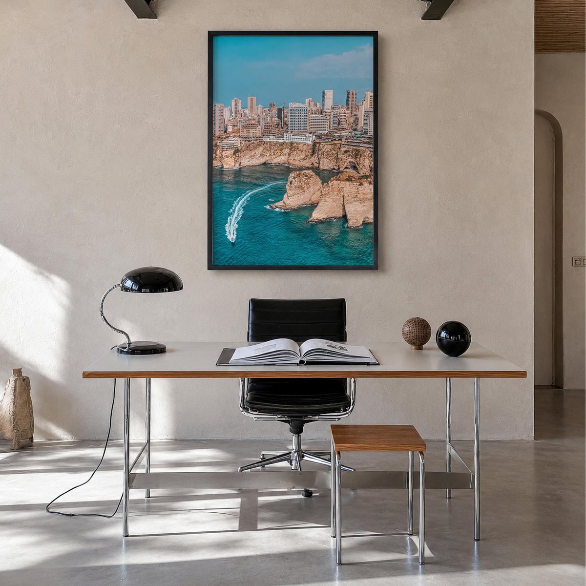 Beirut colorful photo poster of Lebanon – vertical wall art in black wood frame, hanging on wall