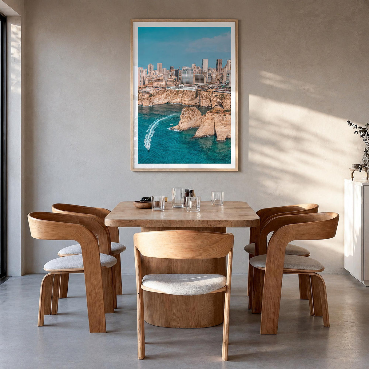 Beirut colorful photo poster of Lebanon – vertical wall art in natural wood frame with white border, hanging on wall