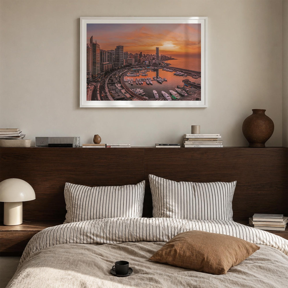 Beirut colorful photo poster of Lebanon – horizontal wall art in white wood frame with white border, hanging on wall