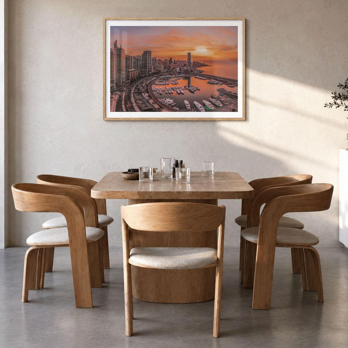 Beirut Photo Poster in a natural wood frame, hanging in a dining room, white border