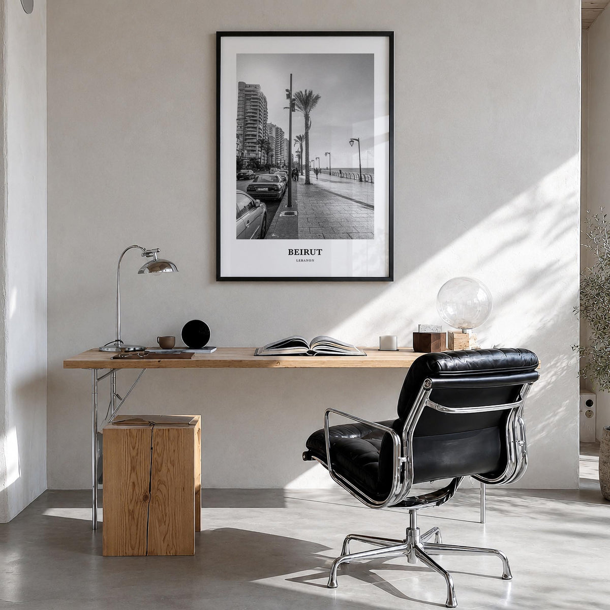 Beirut no. 1 black & white classic poster of Lebanon – vertical wall art in black wood frame, hanging on wall