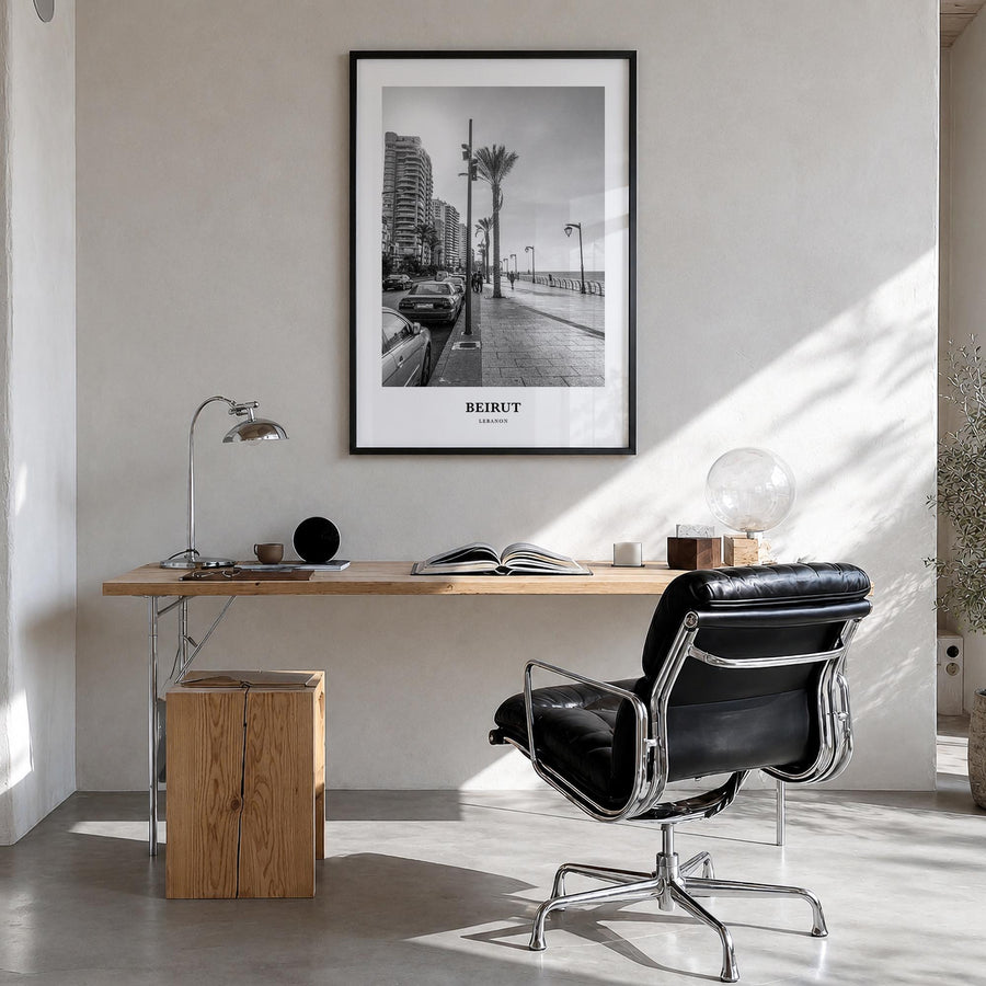 Beirut no. 1 black & white classic poster of Lebanon – vertical wall art in black wood frame, hanging on wall