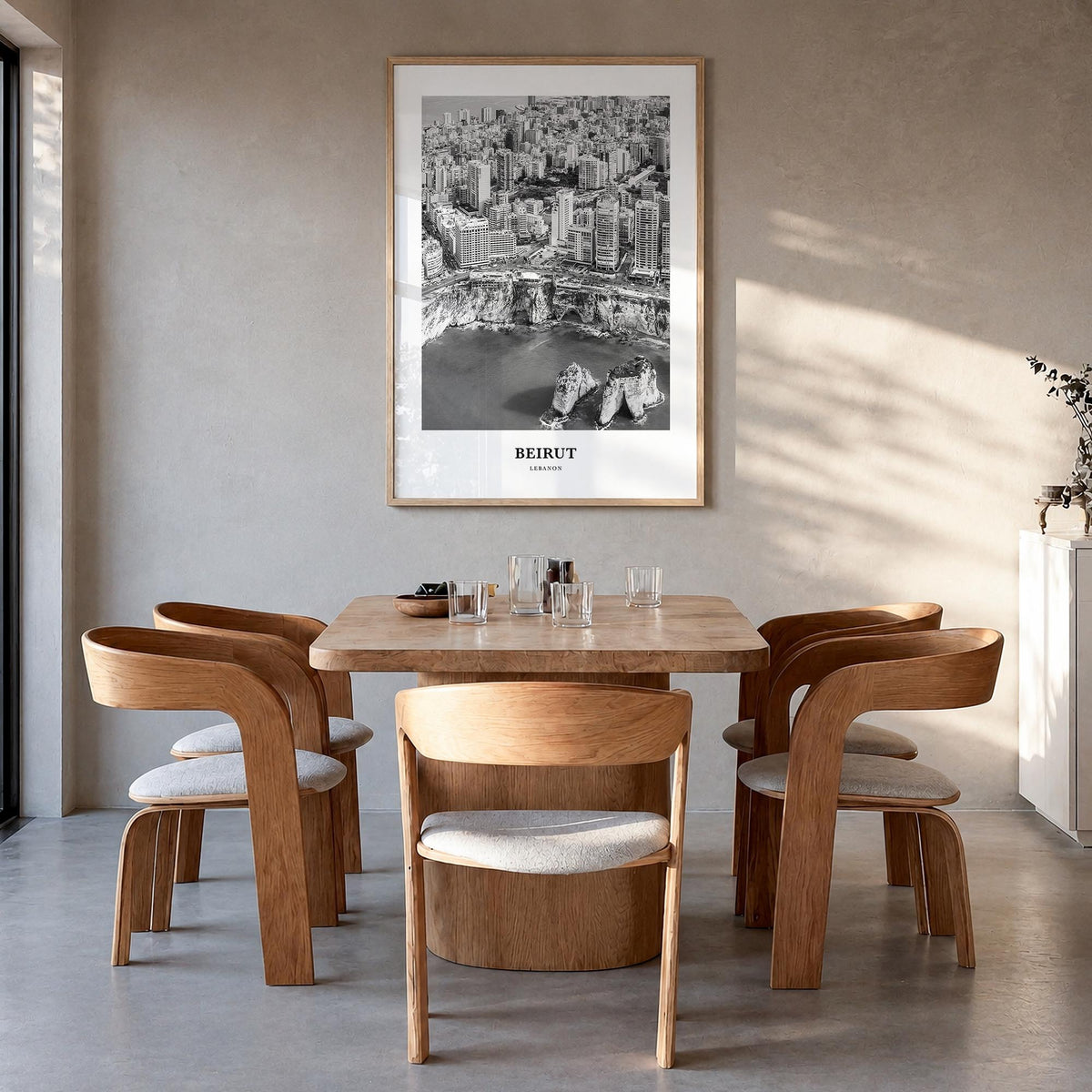 Beirut no. 2 black & white classic poster of Lebanon – vertical wall art in natural wood frame, hanging on wall