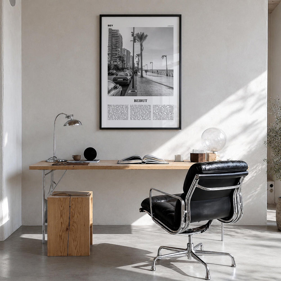 Beirut no. 2 black & white newspaper poster of Lebanon – vertical wall art in black wood frame, hanging on wall