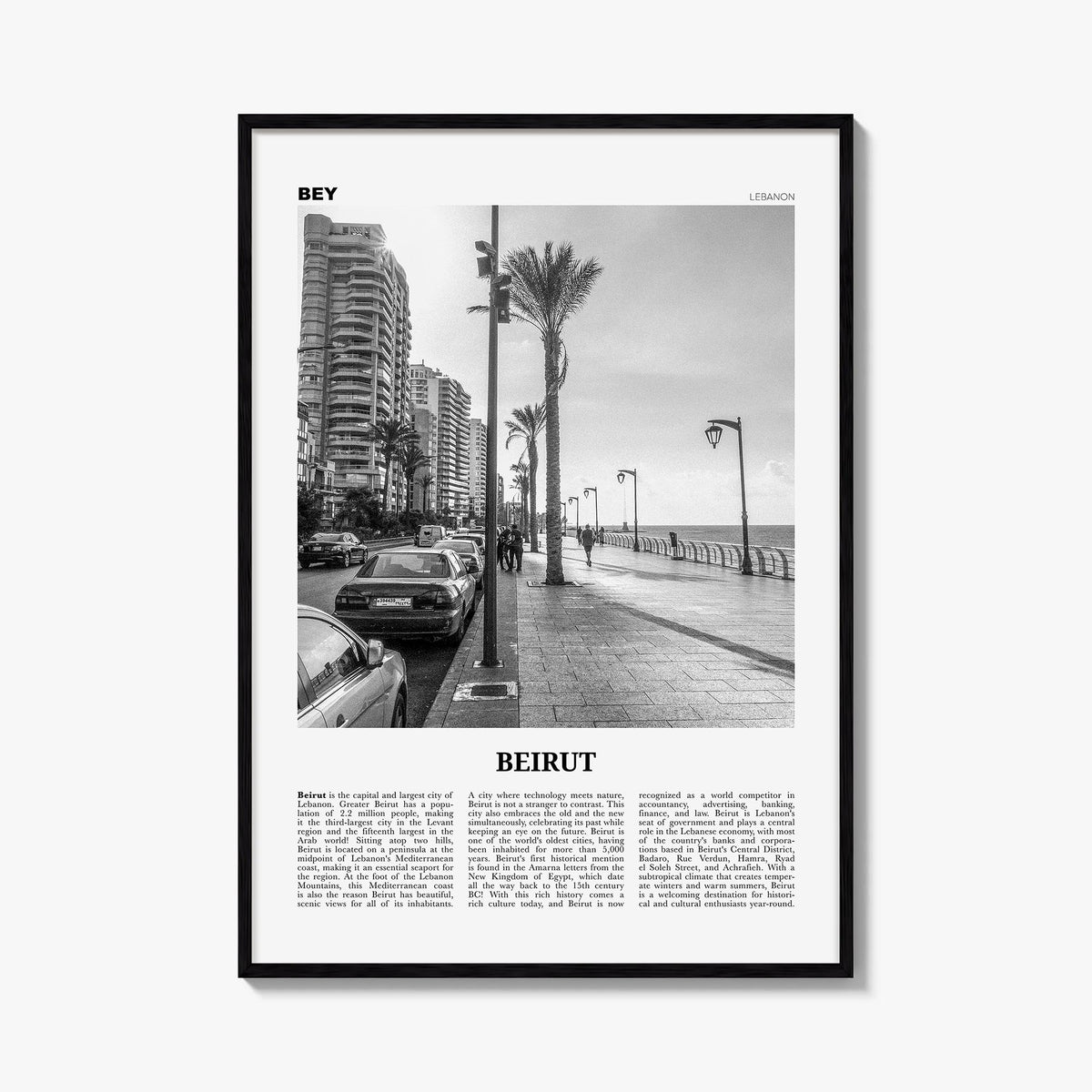Beirut no. 2 black & white newspaper poster of Lebanon – vertical wall art, unframed print shown in interior mockup