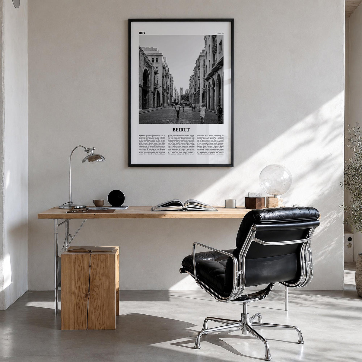 Beirut no. 3 black & white newspaper poster of Lebanon – vertical wall art in black wood frame, hanging on wall