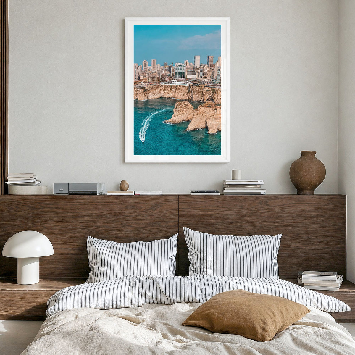 Beirut Photo Poster in a white wood frame, hanging in a bedroom, white border