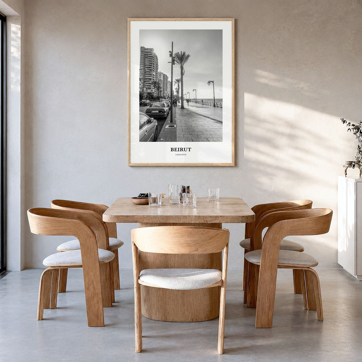Beirut Classic No 1 Poster in a natural wood frame, hanging in a dining room