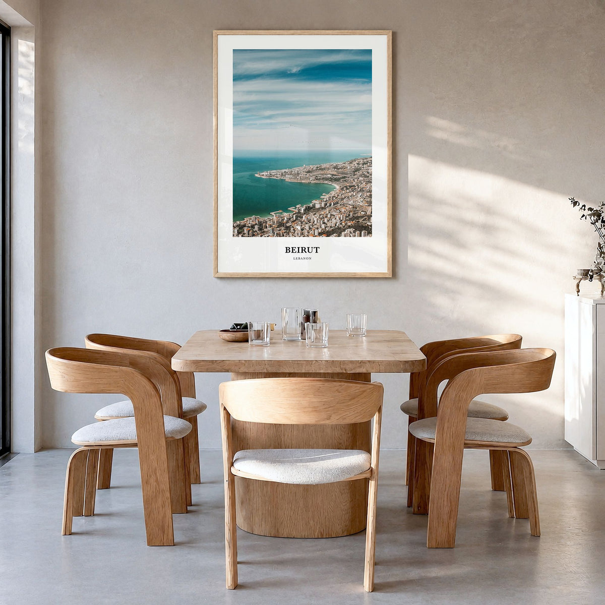 Beirut Classic Poster in a natural wood frame, hanging in a dining room