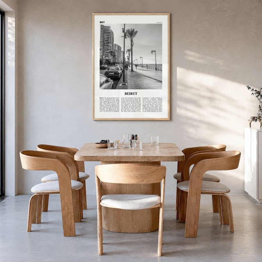 Beirut Newspaper No 2 Poster in a natural wood frame, hanging in a dining room