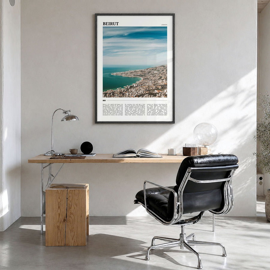 Beirut Travel Poster in a black wood frame, hanging in a bright home office