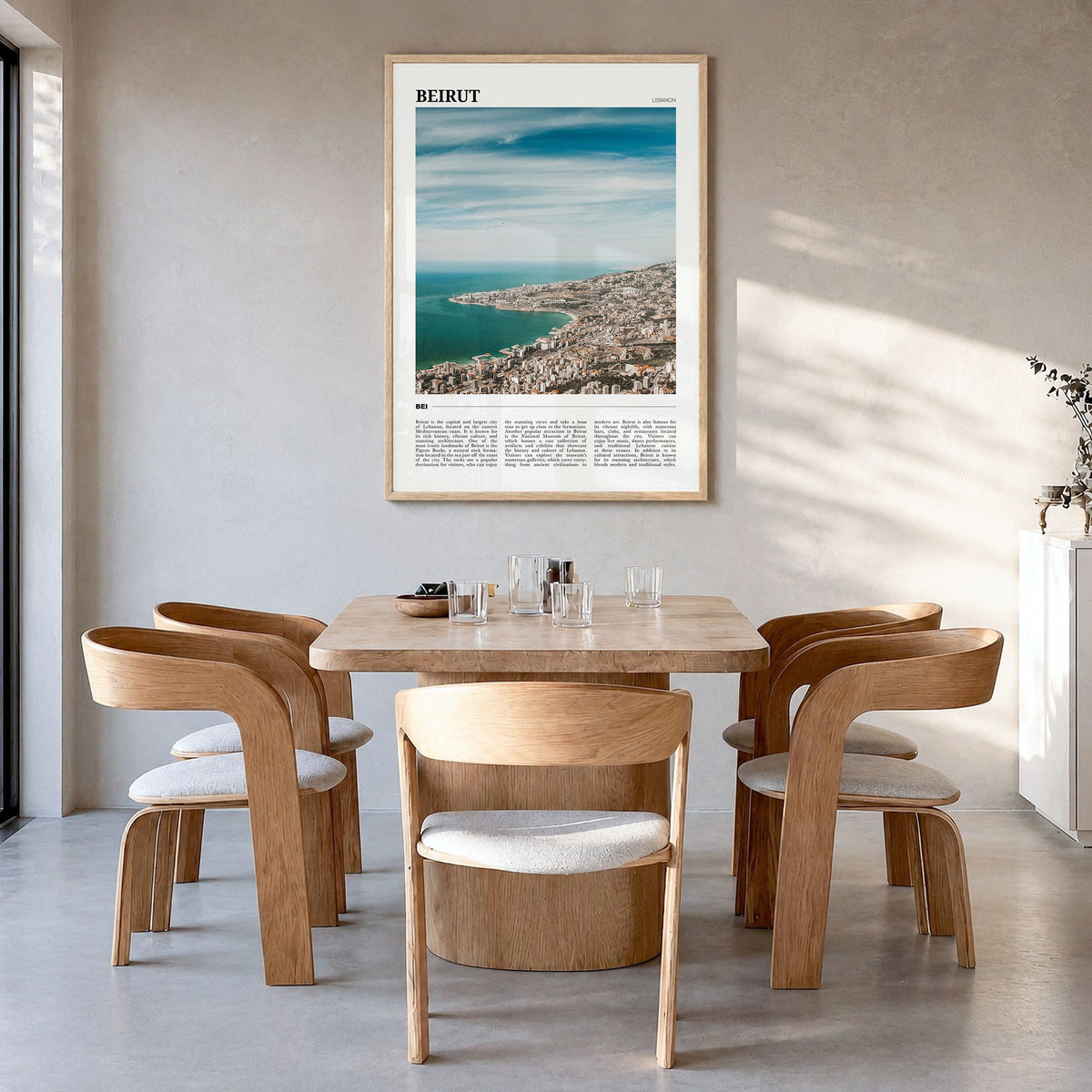 Beirut Travel Poster in a natural wood frame, hanging in a dining room