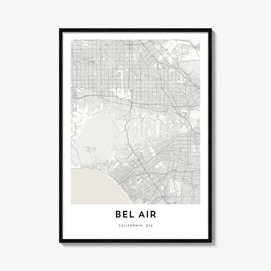 Bel Air black & white map poster of California, USA – vertical wall art, unframed print shown in interior mockup