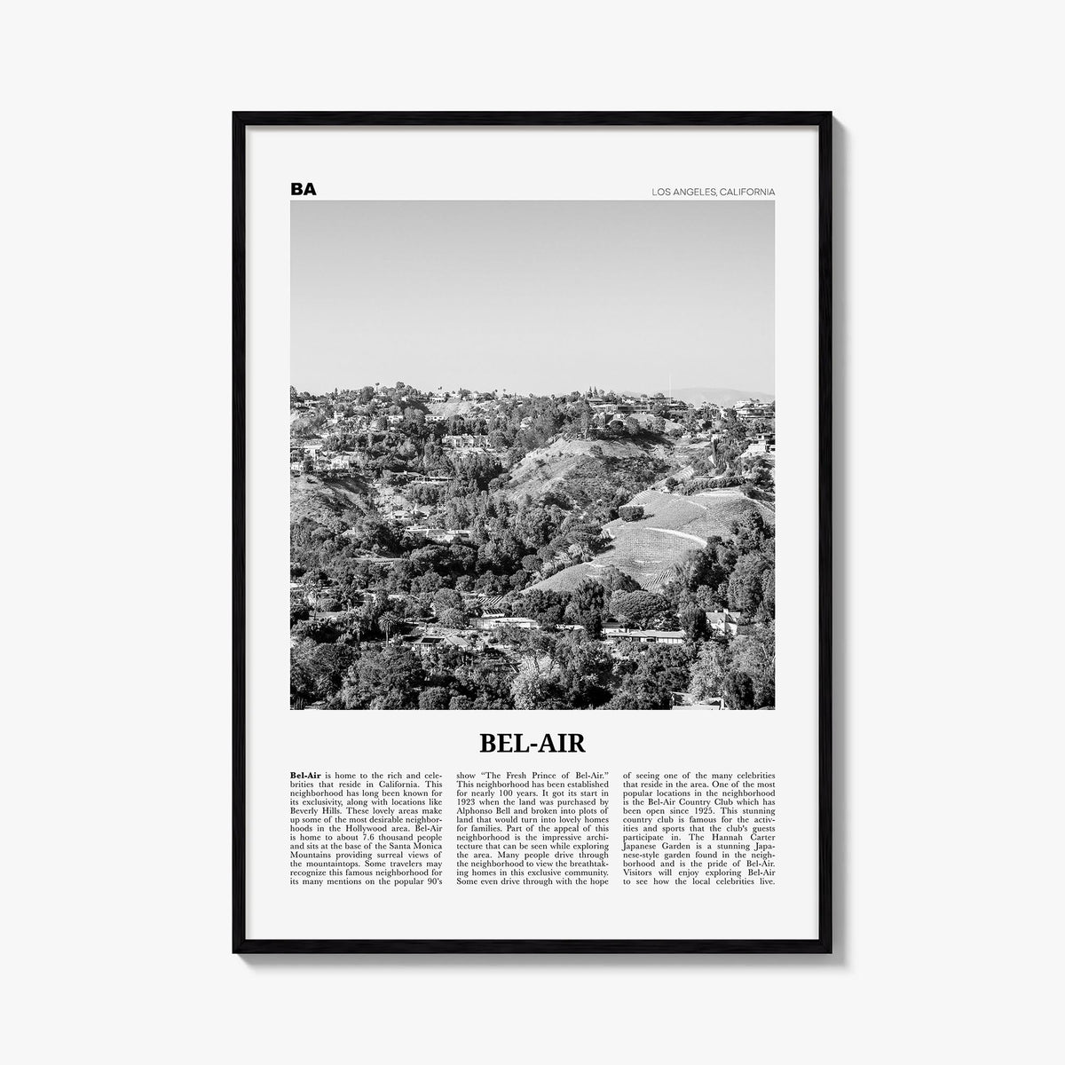 Bel Air black & white newspaper poster of California, USA – vertical wall art, unframed print shown in interior mockup